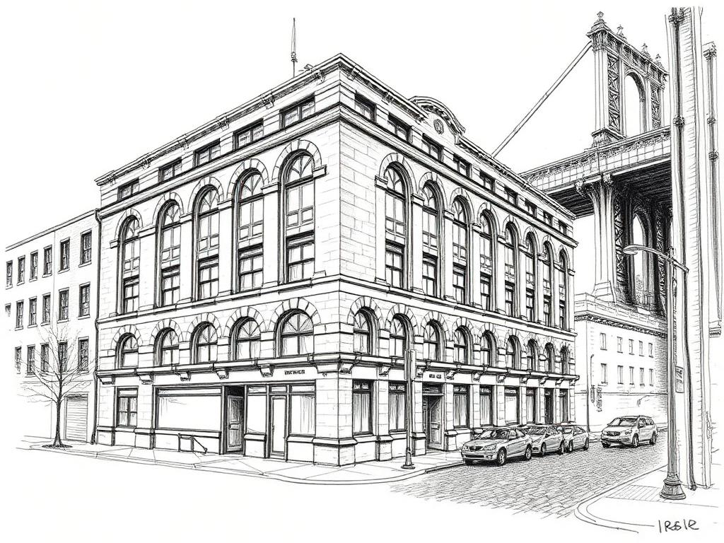 Ink sketch of a DUMBO concrete loft building