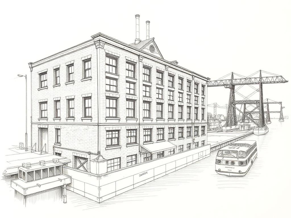 Ink sketch of a Gowanus canal-side loft building