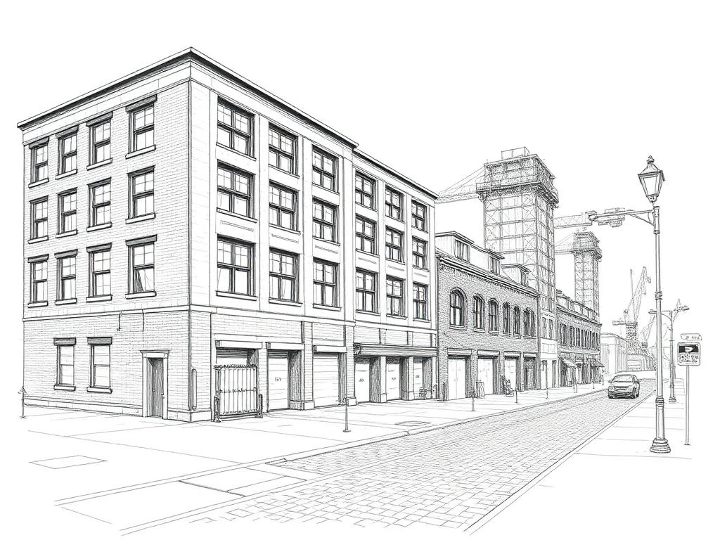 Ink sketch of a Red Hook waterfront warehouse